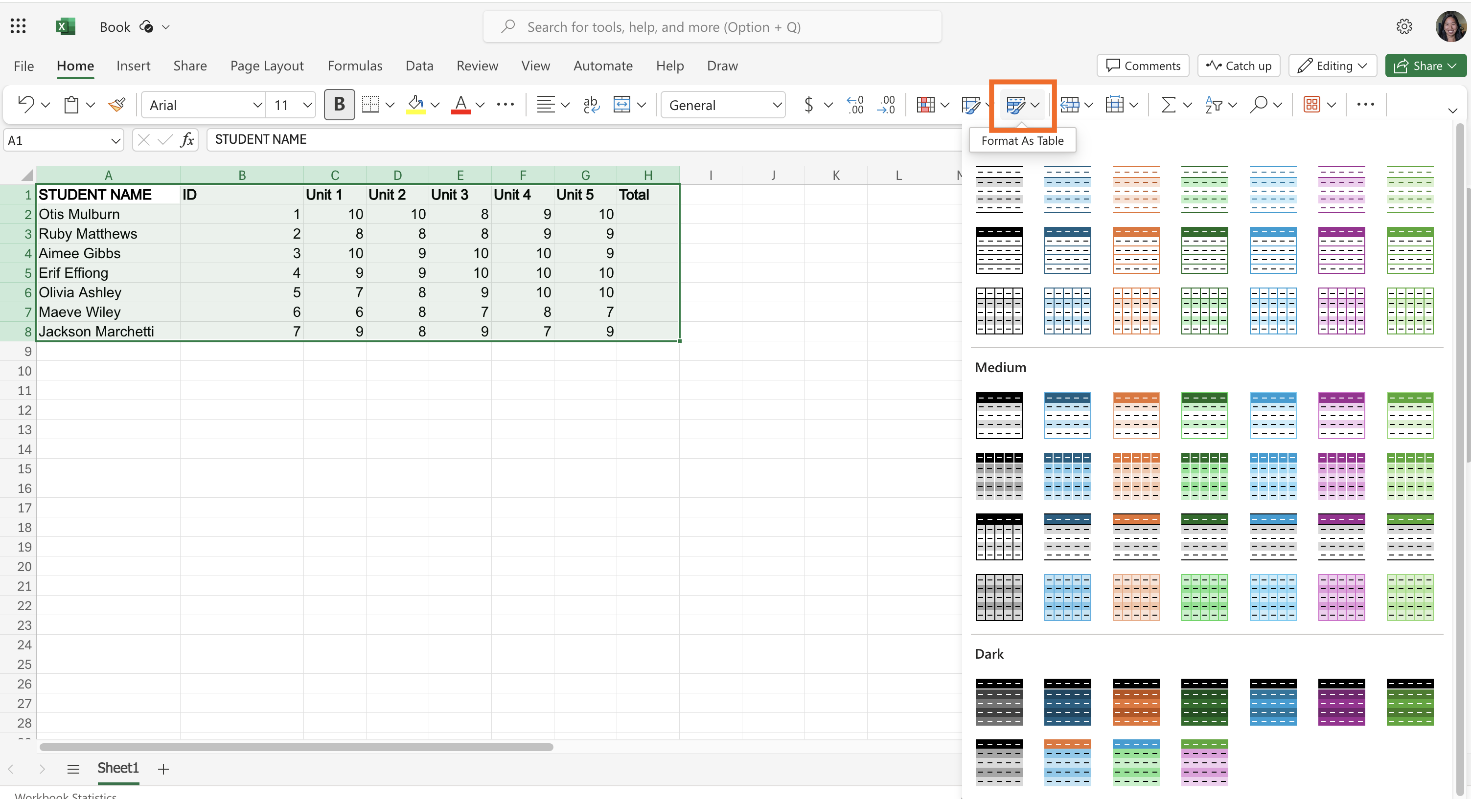 Expanded view of the format as table icon in Excel with a list of color theme options. 