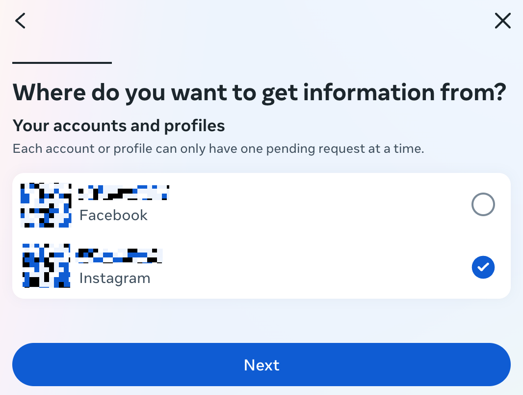 Popup with a list of Facebook and Instagram accounts to choose to download information from.