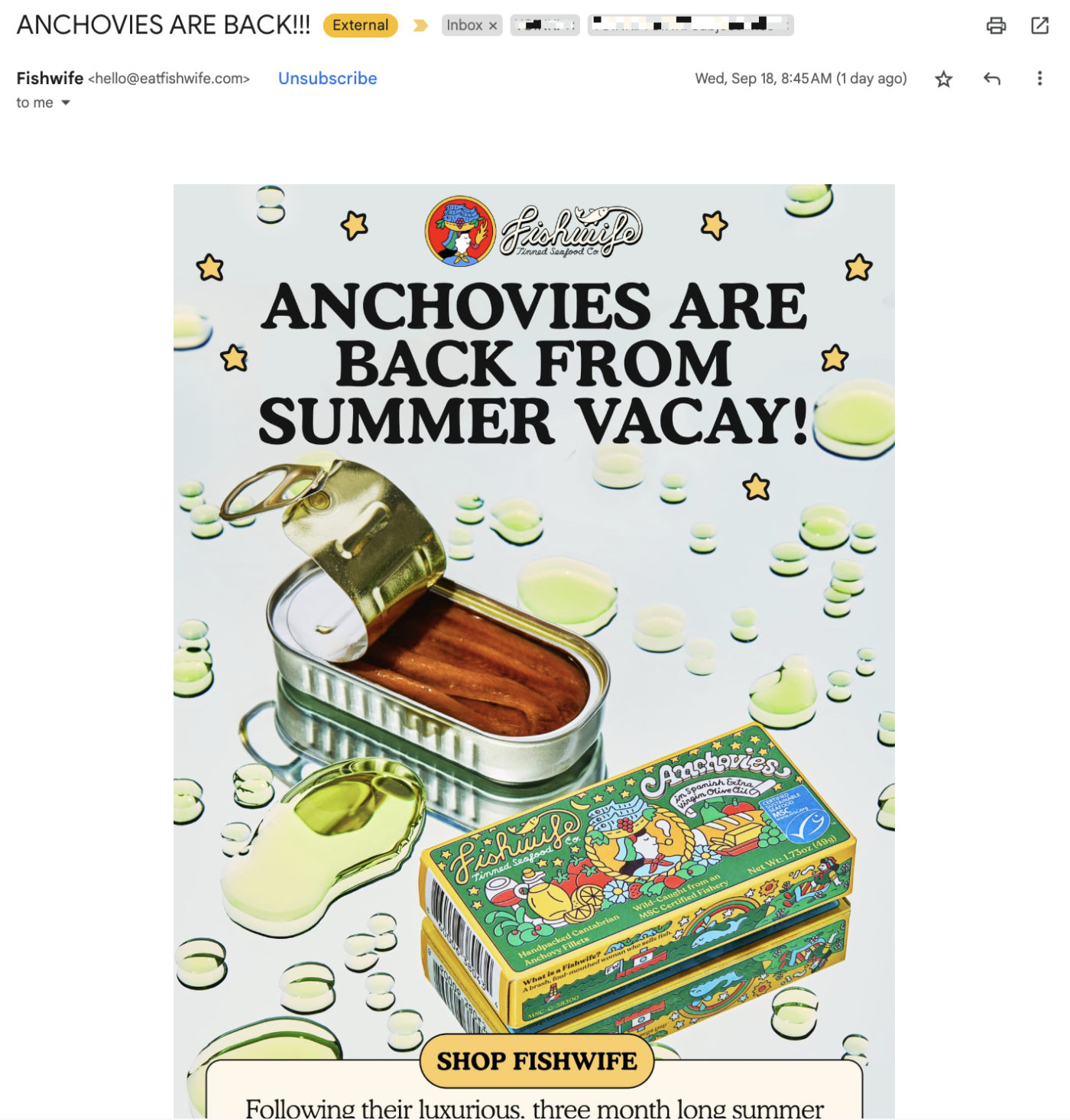 Product recommendation email marketing example from the tinned fish company Fishwife.