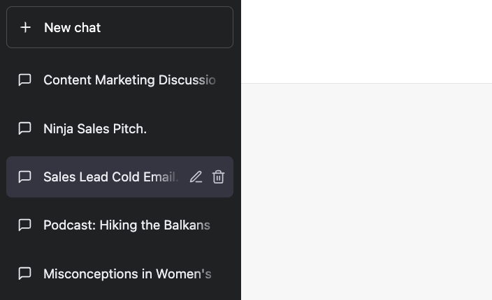 ChatGPT sidebar showing a chat called "Sales Lead Cold Email"