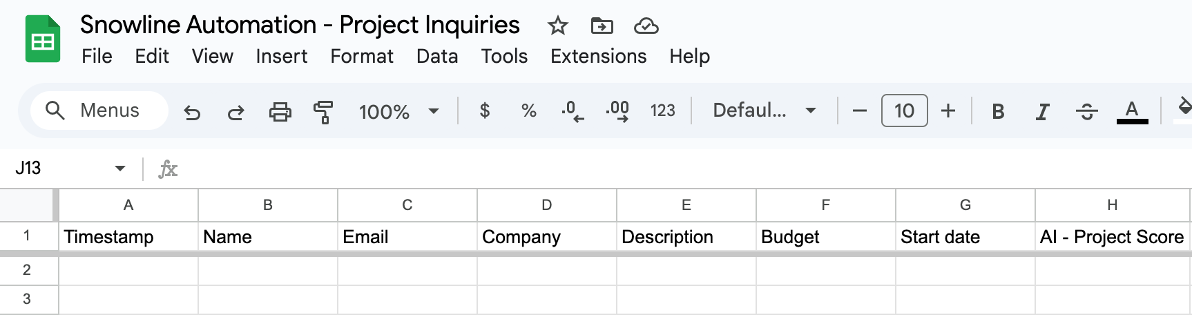 A Google Sheet for Snowline Automation Project Inquiries with a header row.