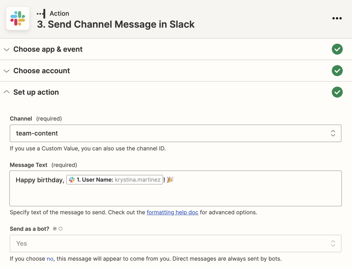 customized message in Slack