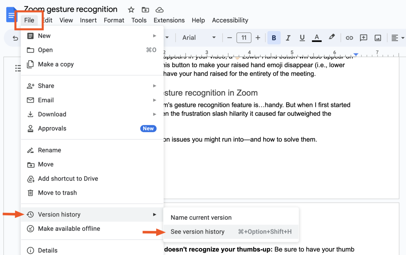 A portion of a document in Google Docs. The File dropdown menu is visible with an arrow pointing to Version history. This is followed by another dropdown menu with an arrow pointing to See version history.