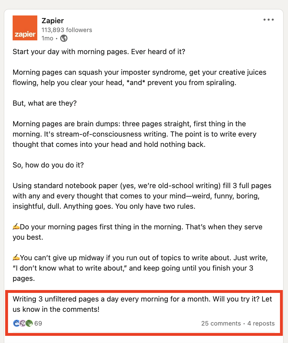 LinkedIn post from Zapier that's like a mini blog post