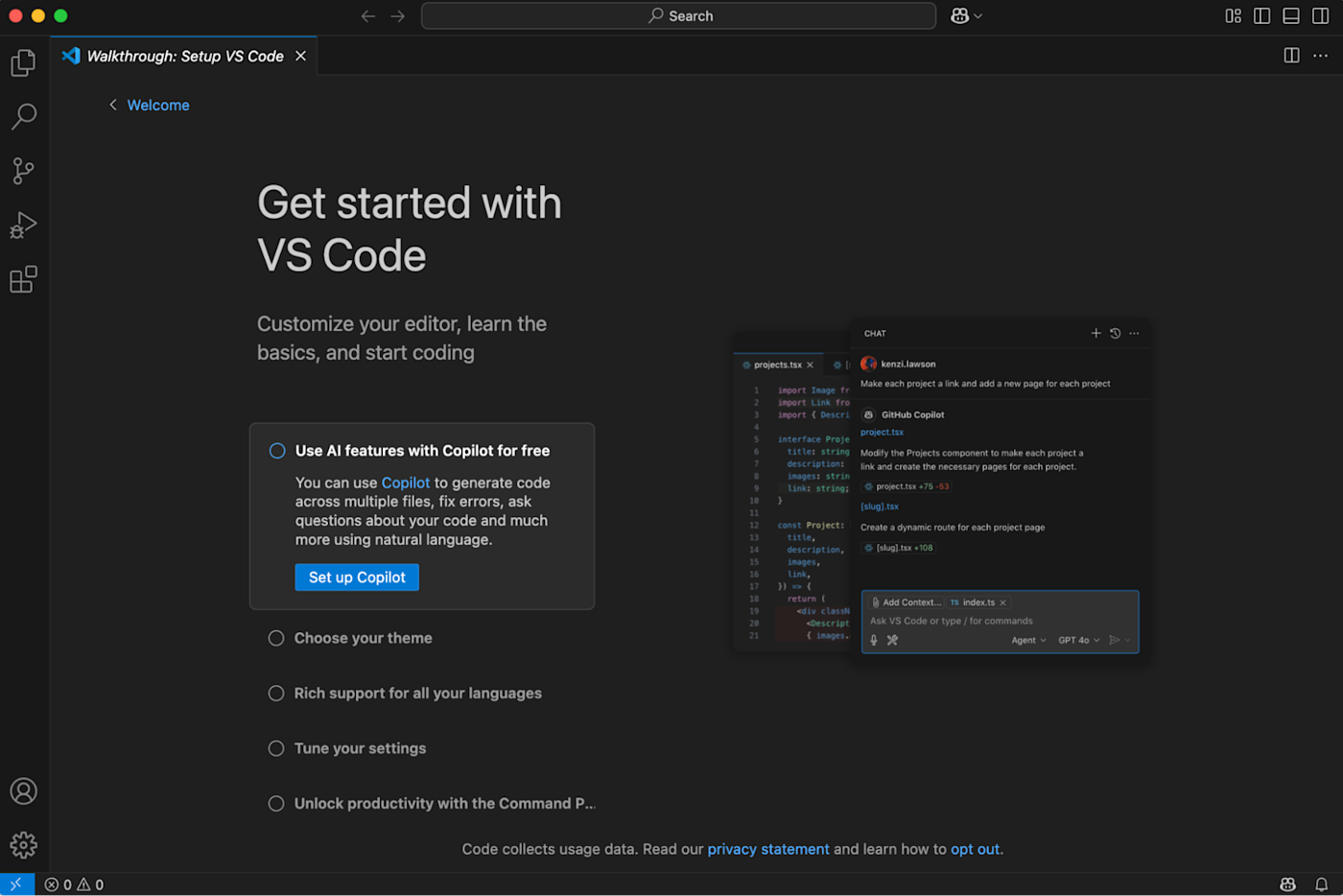 The prompt to install Copilot in VS Code