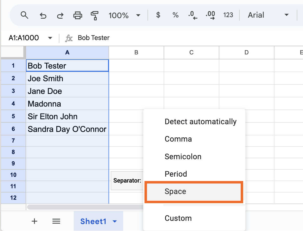 A list of delimiters to split text in Google Sheets.