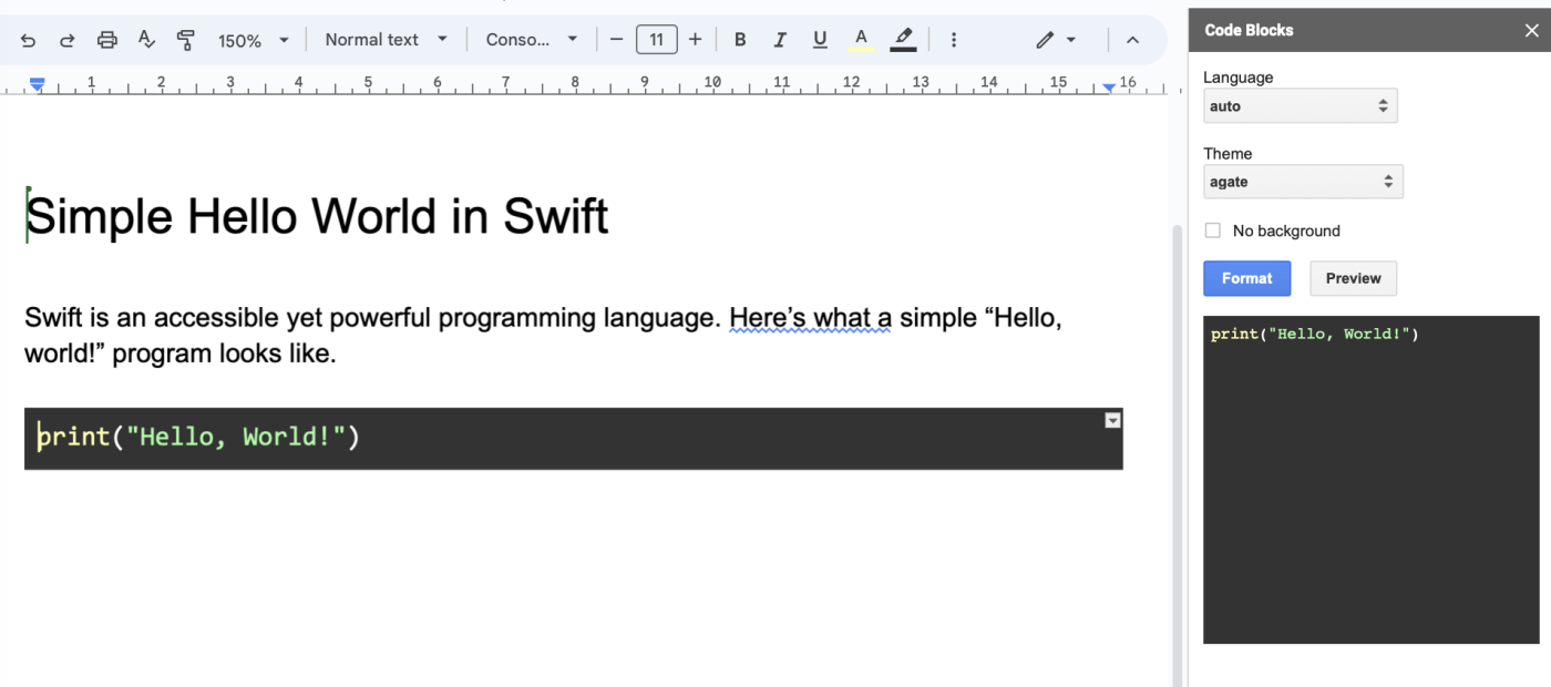 Google Doc with some text in code and the Code Blocks Google Docs add-on visible in the side panel.