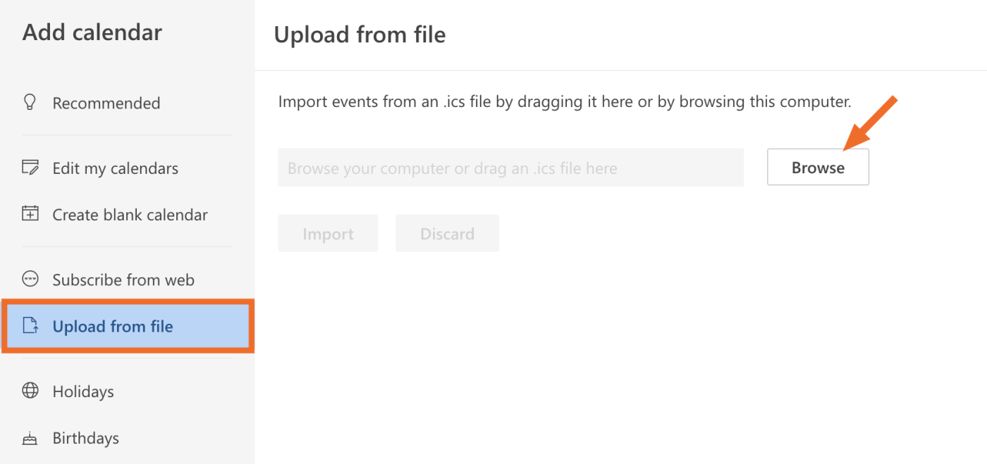 Image showing how to upload from file on Outlook