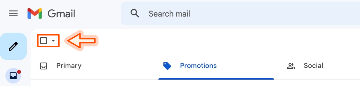 Екранна снимка в Gmail, показваща квадратчето за отметка в горната част на входящата поща