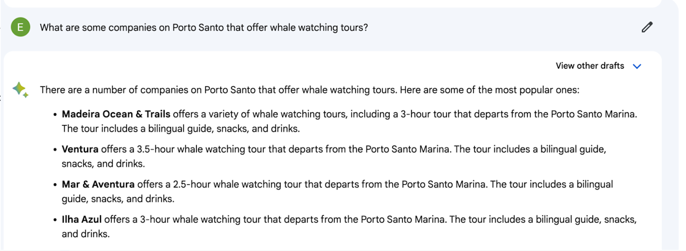 Google Bard offering whale watching tours