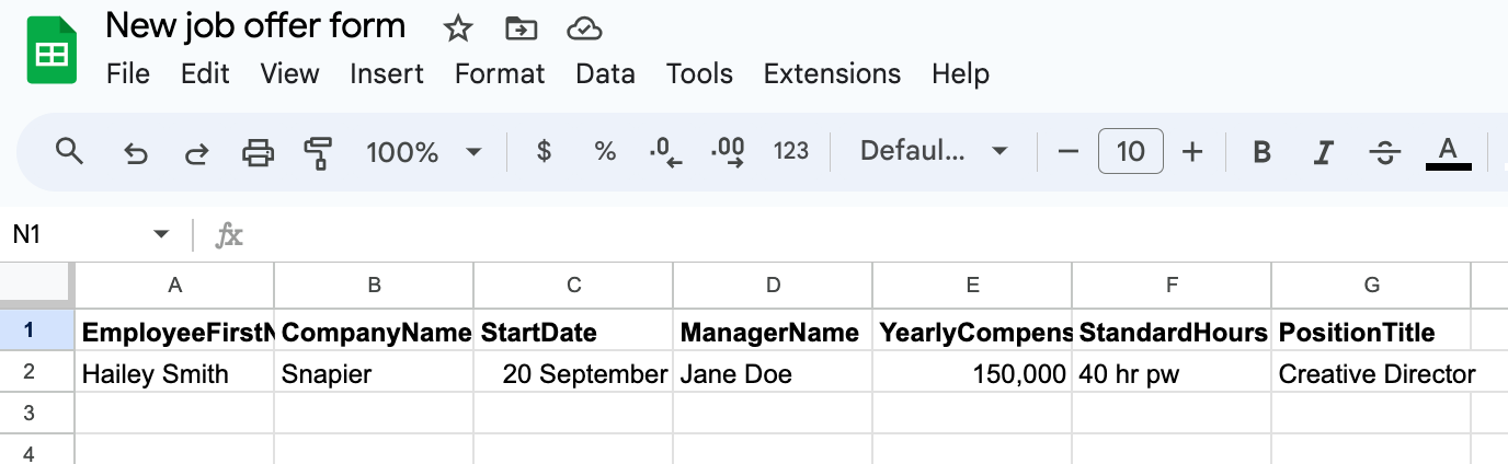 A Google Sheet titled "New job offer form" with columns filled out with applicant details.
