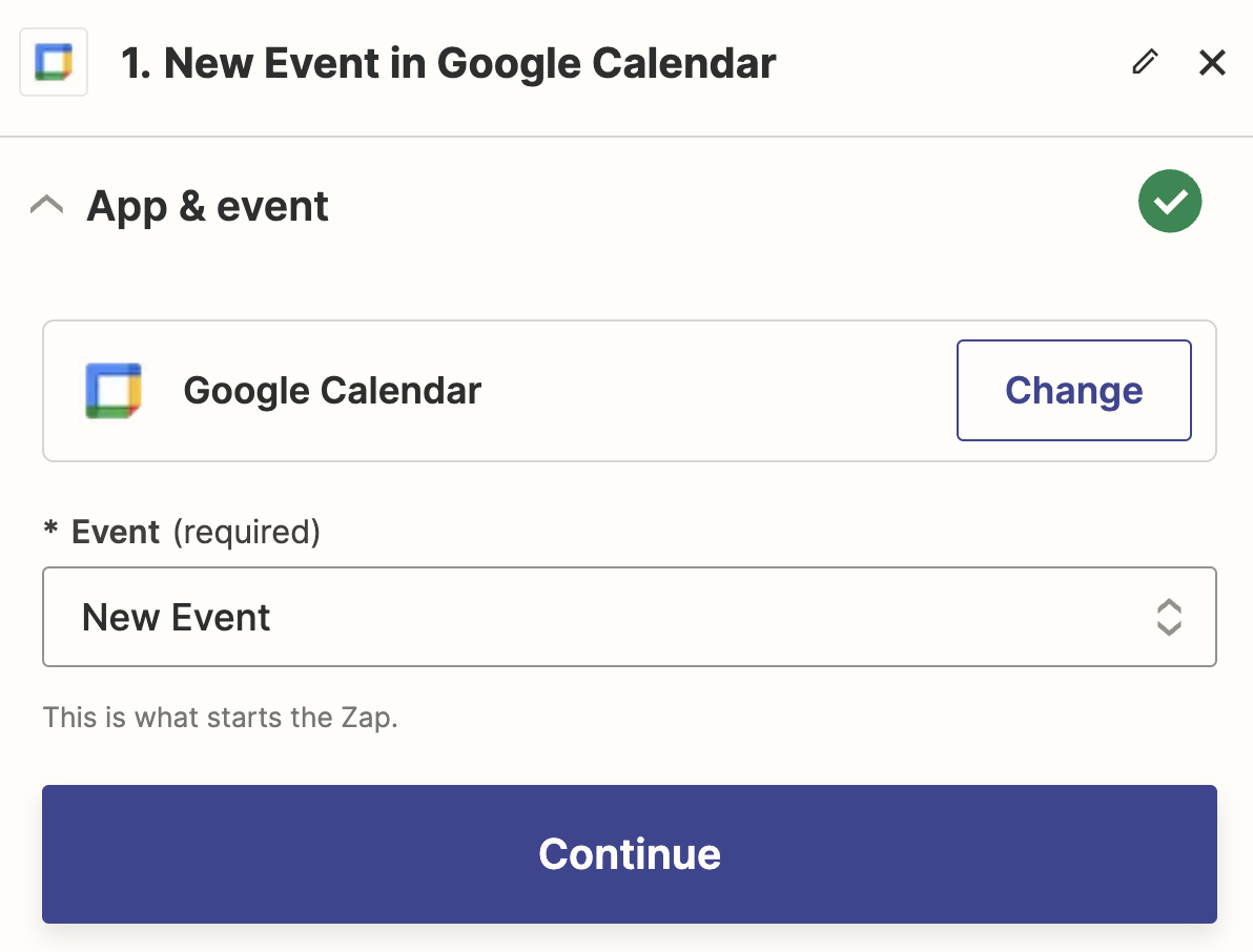 A Google Calendar trigger step in the Zap editor with Google Calendar selected as the trigger app and New Event selected as the trigger event.