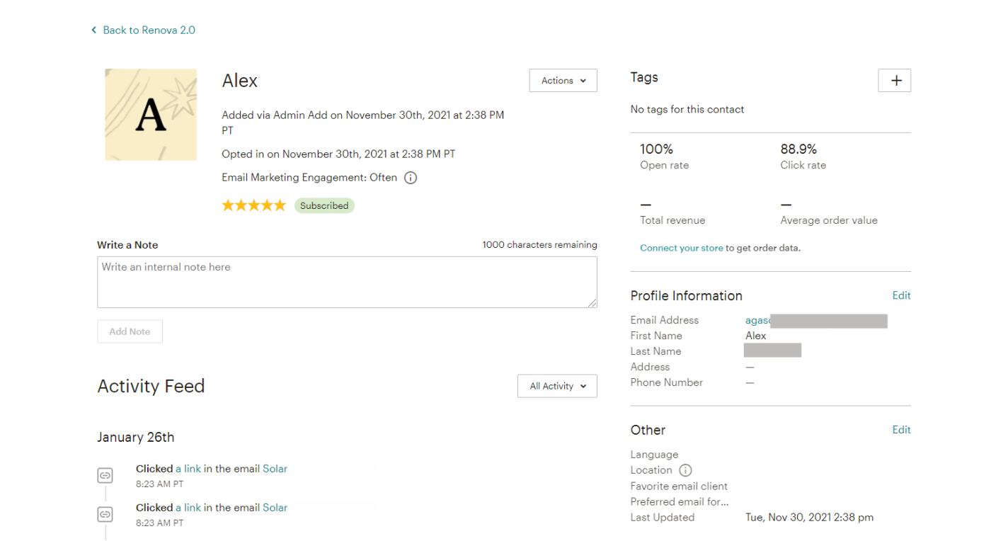 A screenshot of the individual analytics in Mailchimp