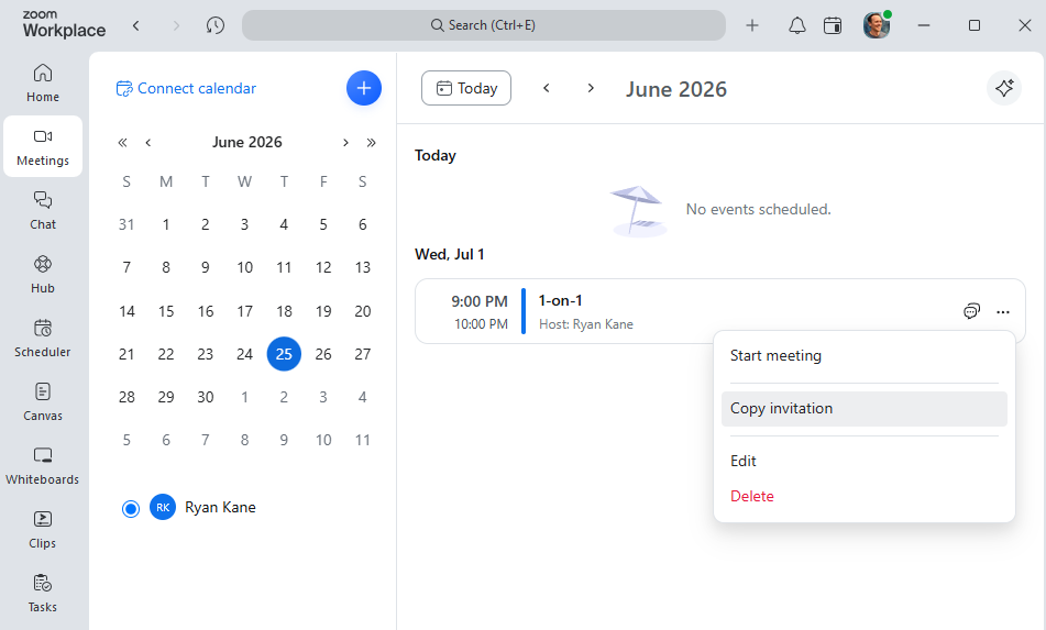 Creating a meeting invitation in Zoom