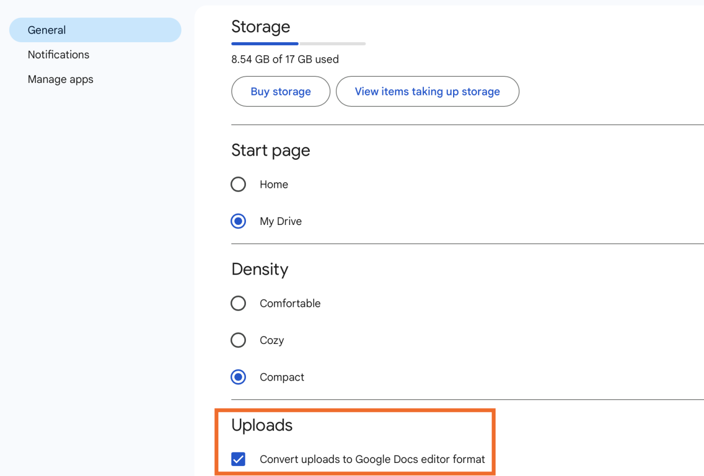 The Uploads checkbox described above to automatically convert uploads to Google Docs