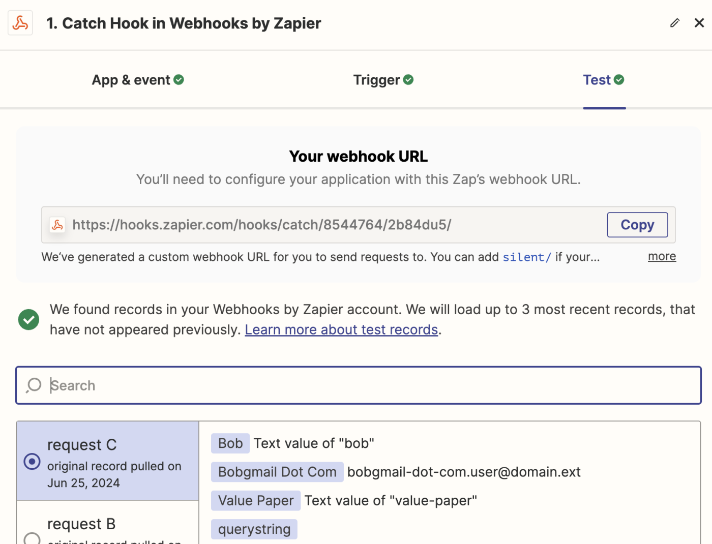 Screenshot of webhooks test