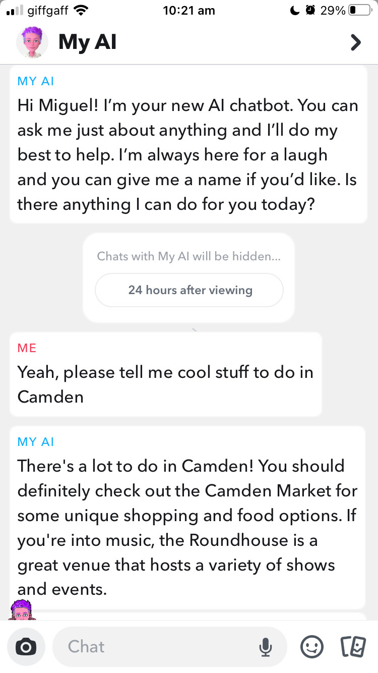 My AI, an AI chatbot from Snapchat