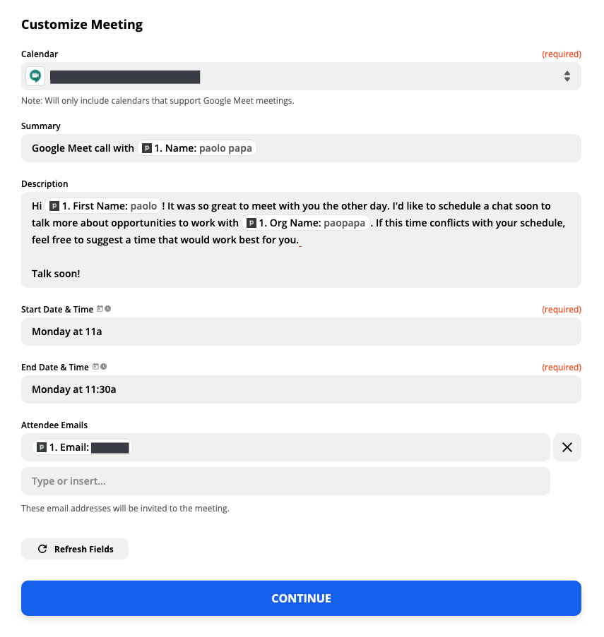 A screenshot of the Zap Editor showing the Google Calendar step of a Zap. Pipedrive CRM fields are used to personalize the event description. It will show up as a message to the recipient who receives the calendar invite.