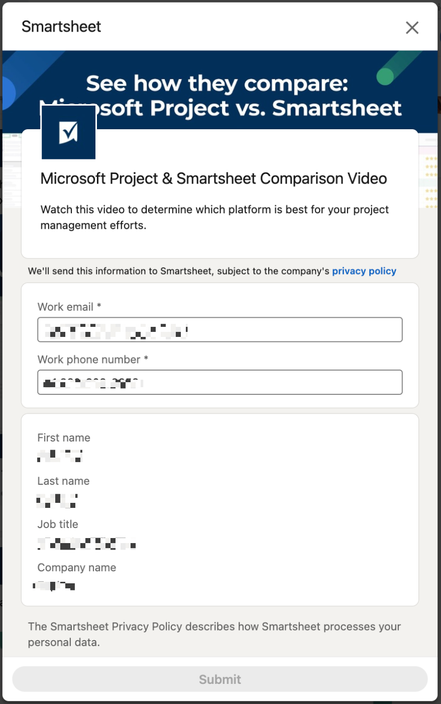 LinkedIn Lead Gen Form example from Smartsheet