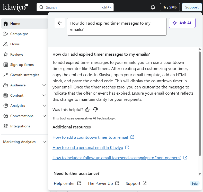 Klaviyo's Ask AI feature