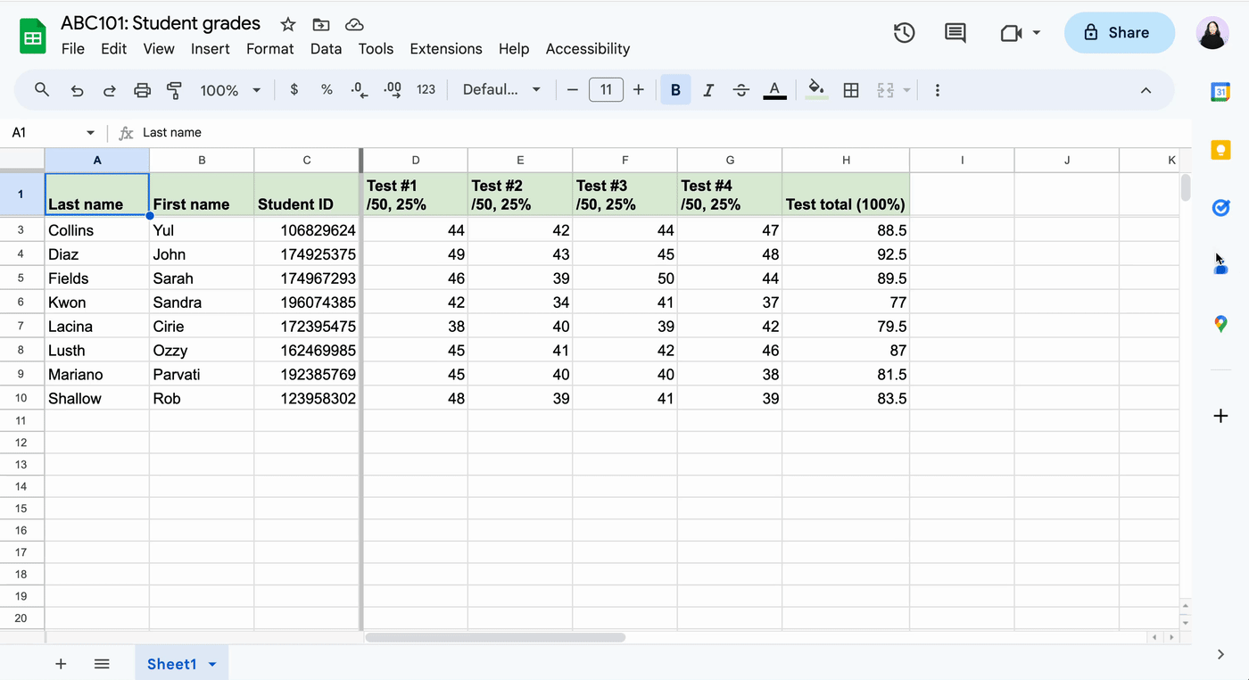 Demo of scrolling across a Google Sheets spreadsheet with columns frozen in place. 