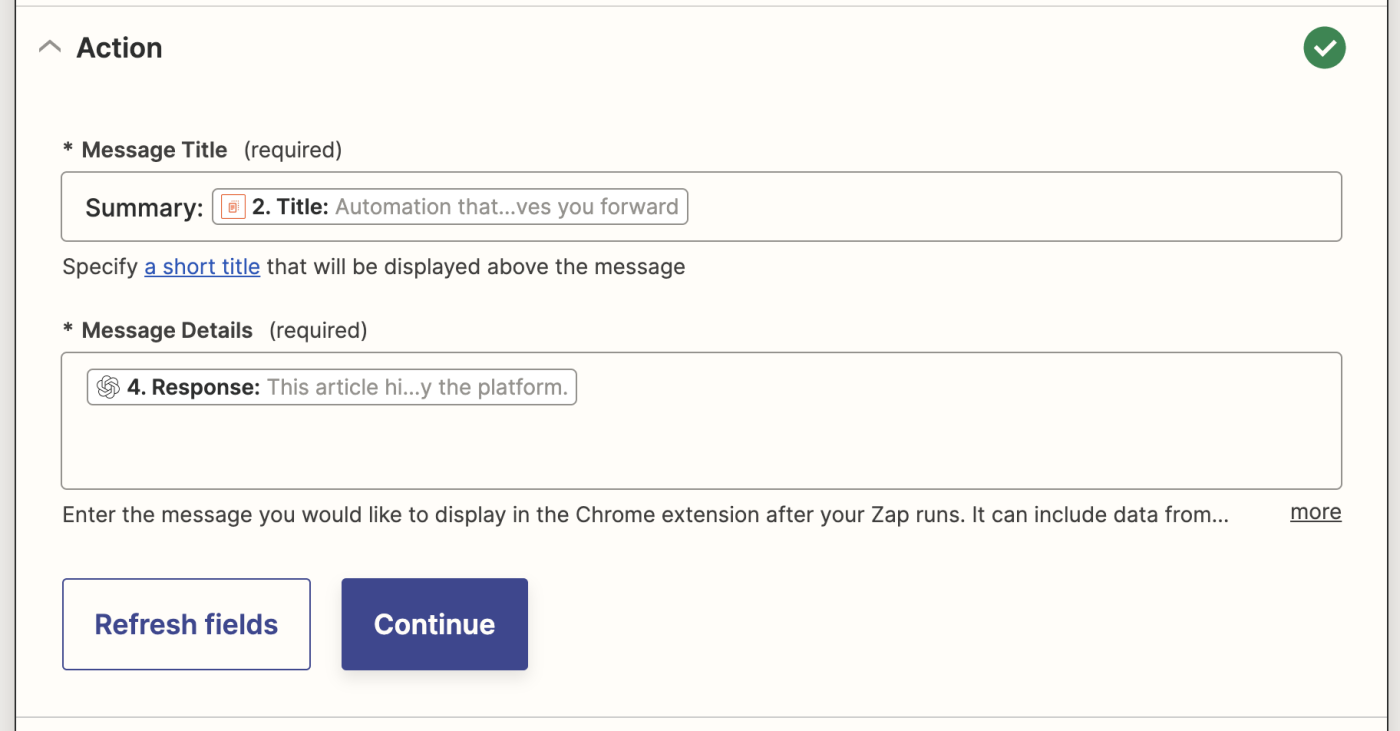 An action step in the Zap editor with the summary of the article added to the Message Details field.