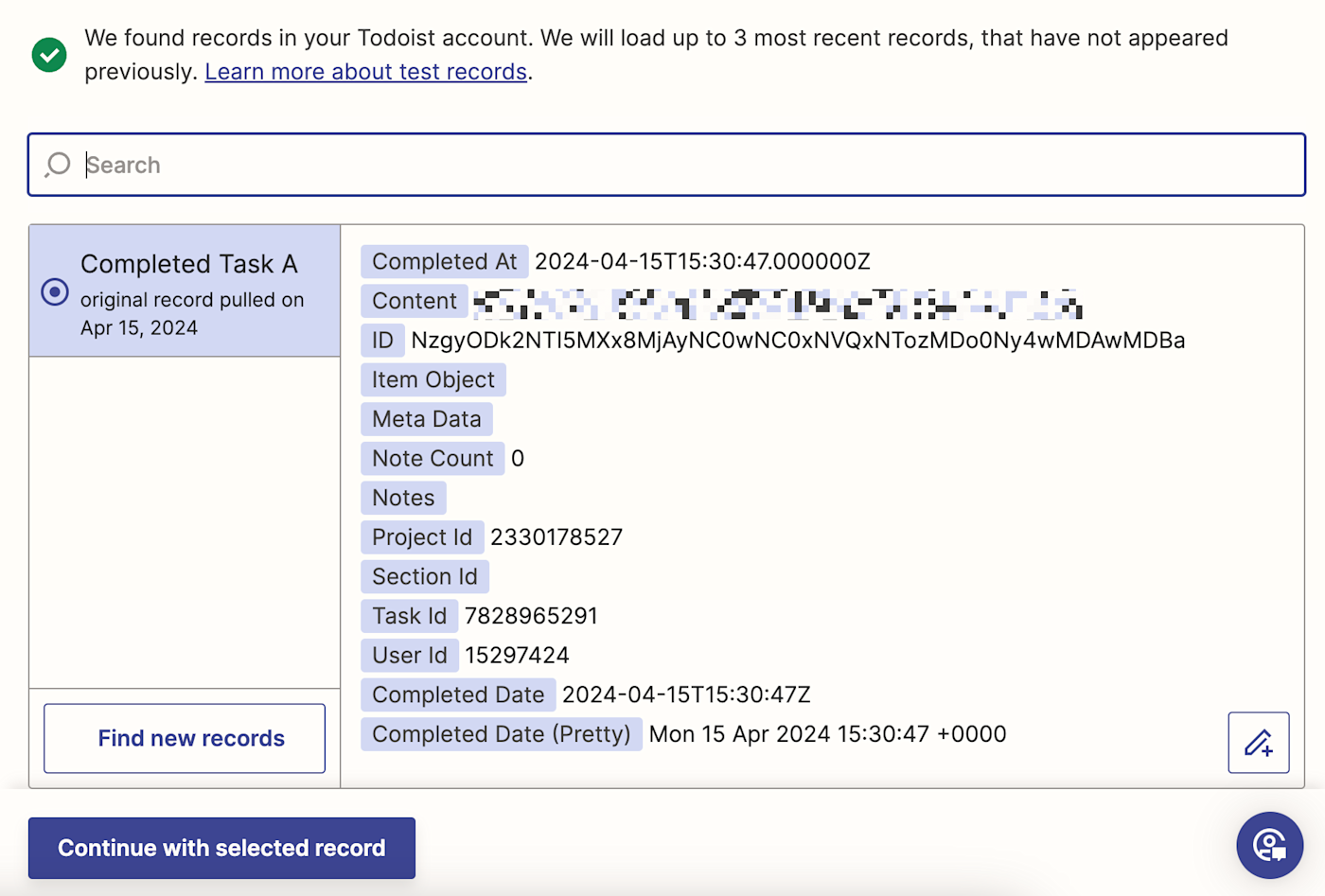 Screenshot of the Zap editor showing the "Test trigger" step was successful