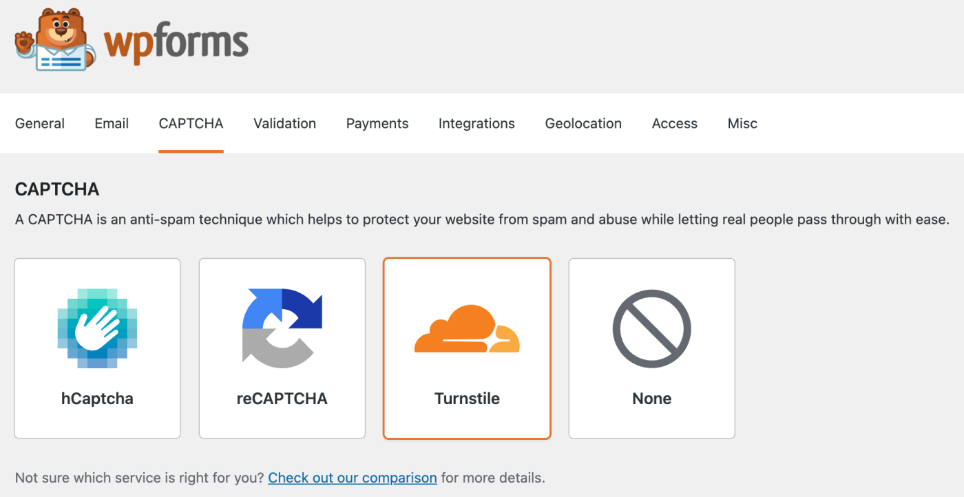 CAPTCHA options in WPForms