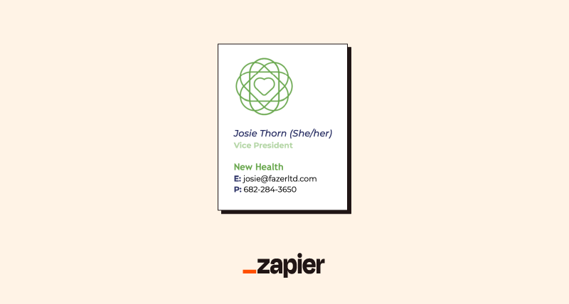 Image of a standard corporate email signature example, including the company logo, the person's name, pronouns, title, and company email address and phone number