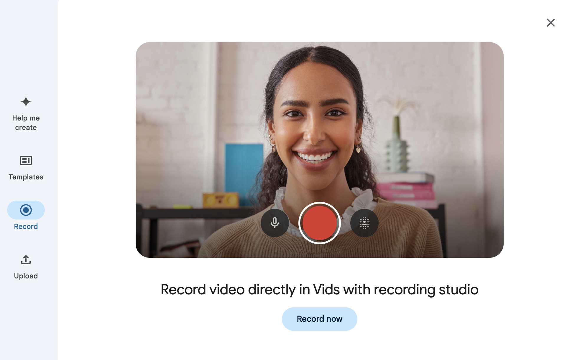 Google Vids welcome screen with the option to record a video selected. 