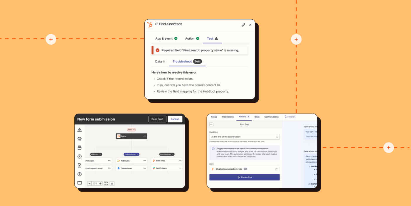 Hero with three new Zapier features: AI troubleshooting in draft Zaps, conditional error handling, and Chatbots transcripts.