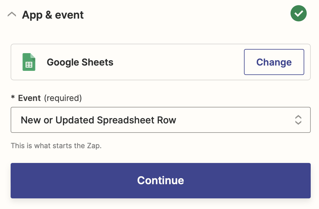 Screenshot of Google Sheets new or updated spreadsheet row trigger selected