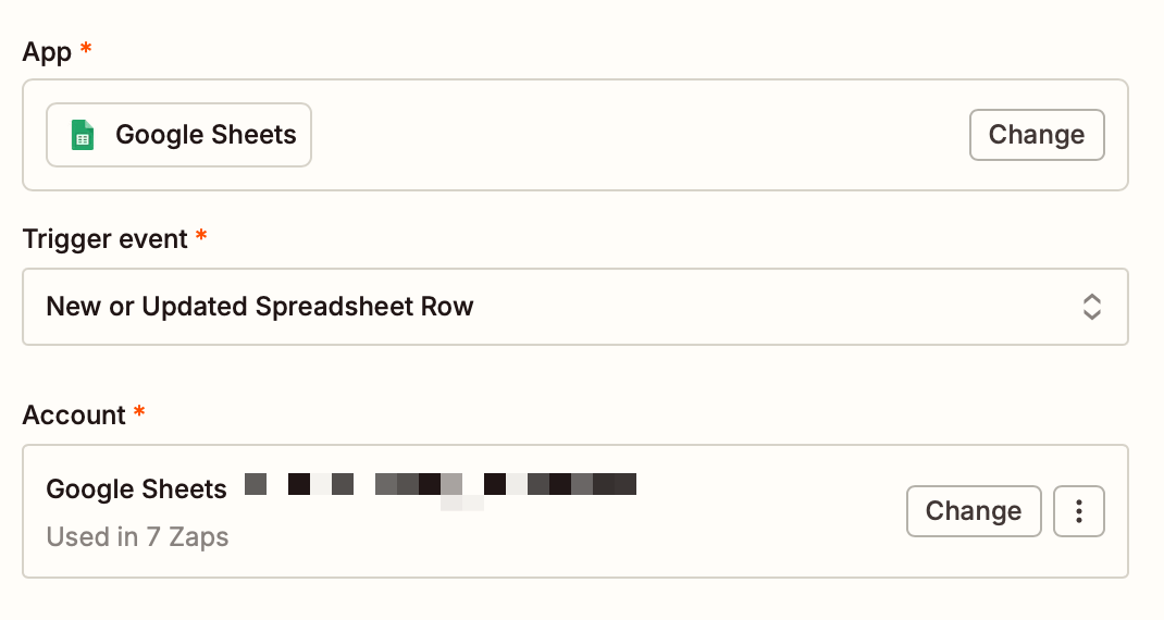 Screenshot of Google Sheets new or updated spreadsheet row trigger selected
