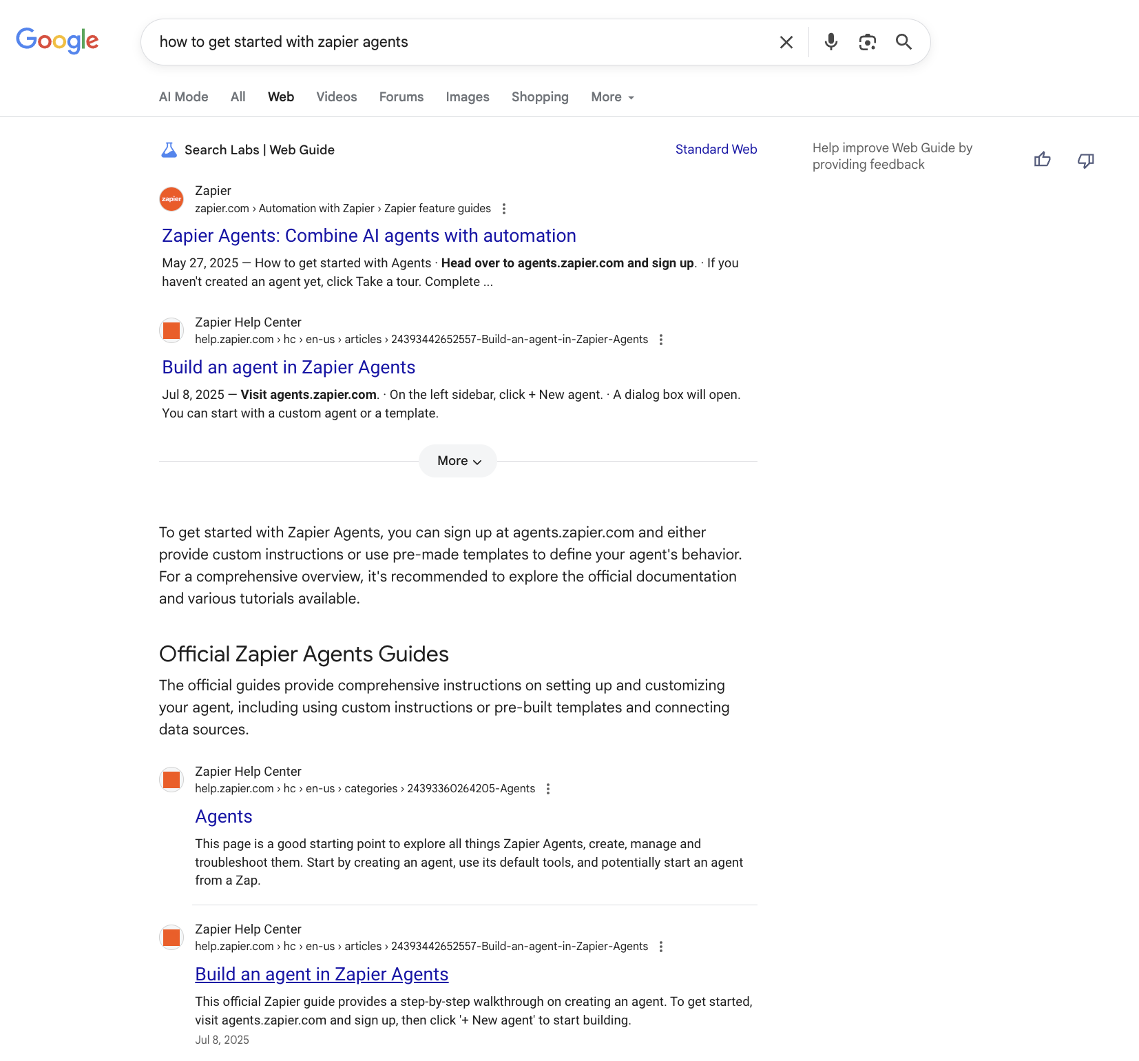 Google Web Guide results for "How to get started with Zapier Agents"
