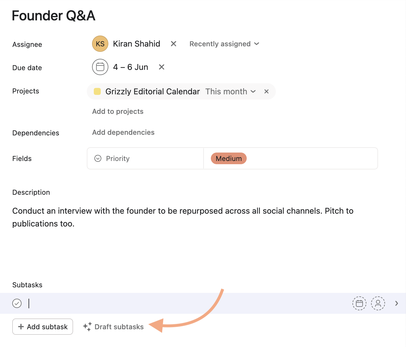 Asana task with an arrow pointing to the draft subtasks option.