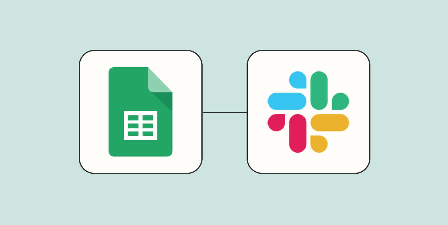 Hero image with the Google Sheets app logo connected to the Slack app logo by a line on a light orange background. 