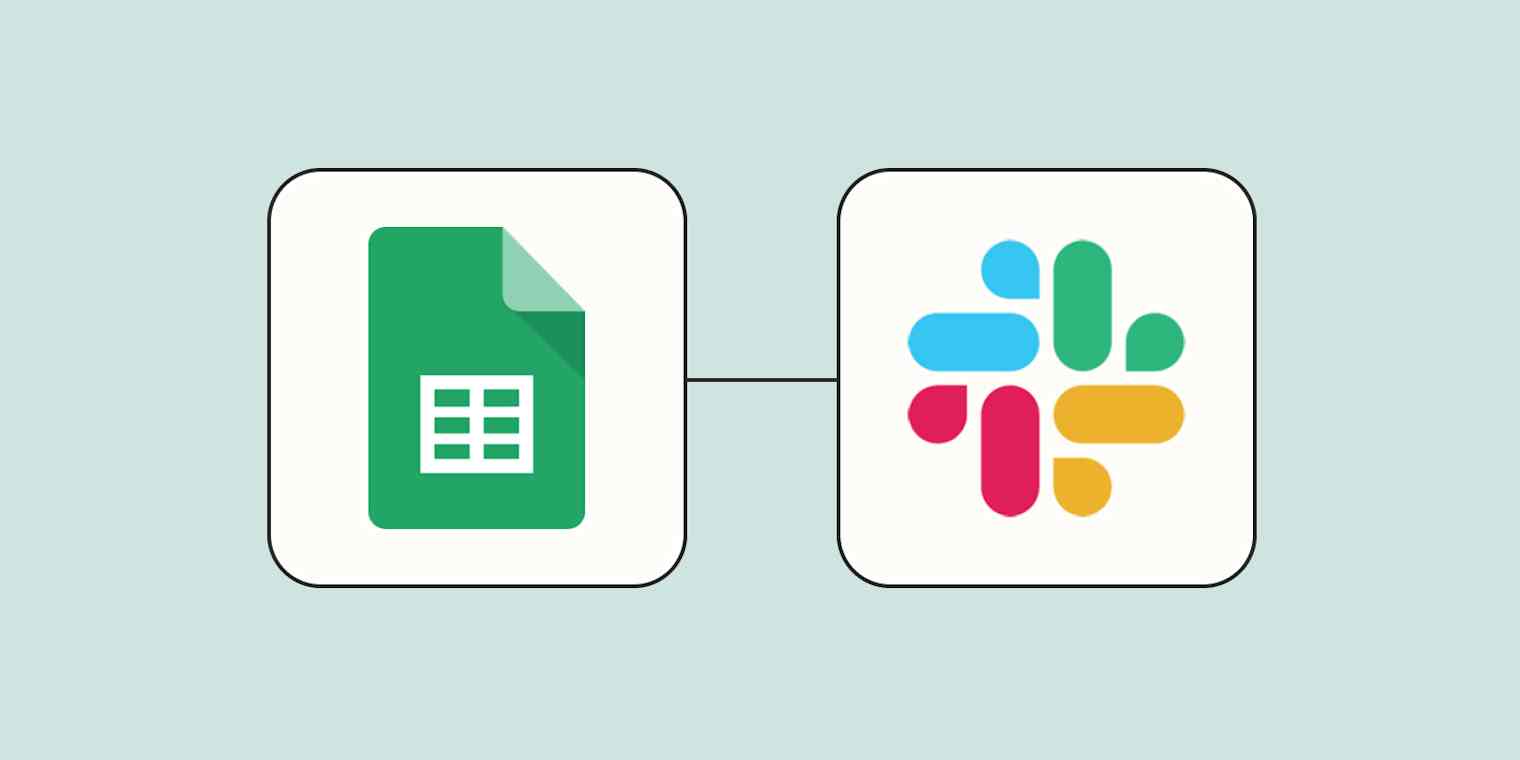 Hero image with the Google Sheets app logo connected to the Slack app logo by a line on a light orange background.