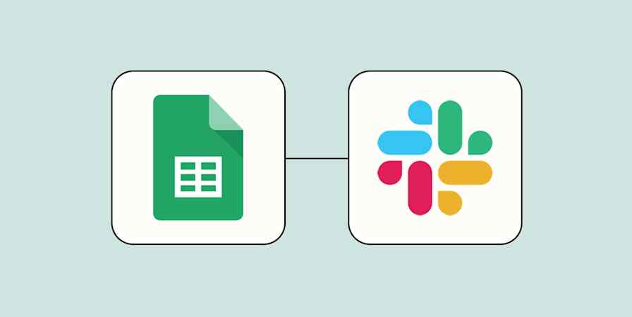 Hero image with the Google Sheets app logo connected to the Slack app logo by a line on a light orange background. 