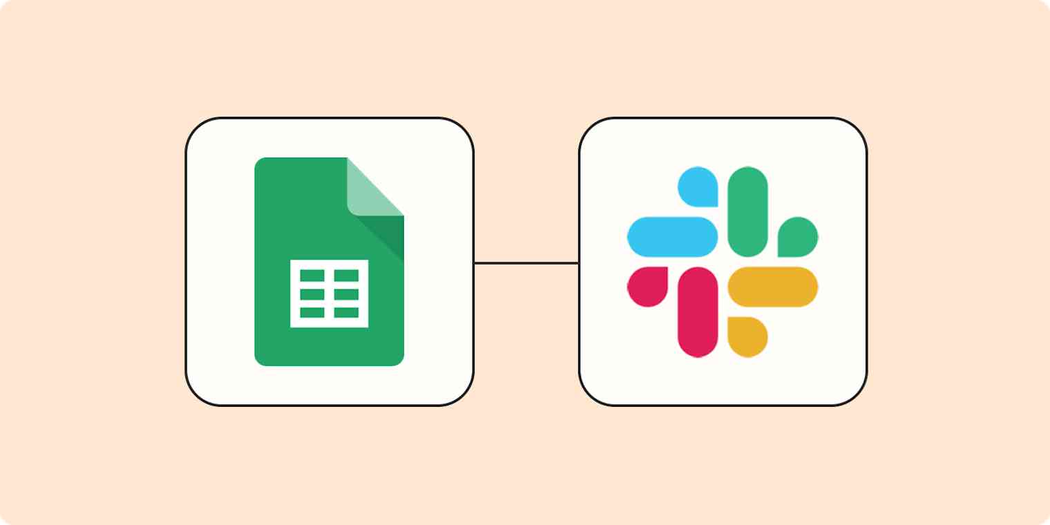 Hero image with the Google Sheets app logo connected to the Slack app logo by a line on a light orange background.