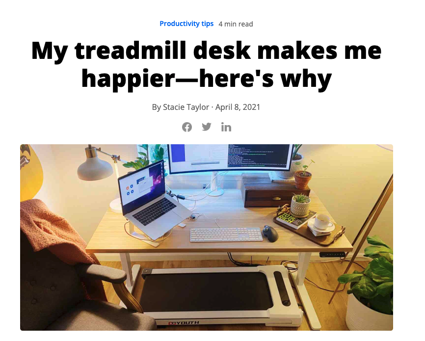 A screenshot of the Zapier blog article about treadmill desks