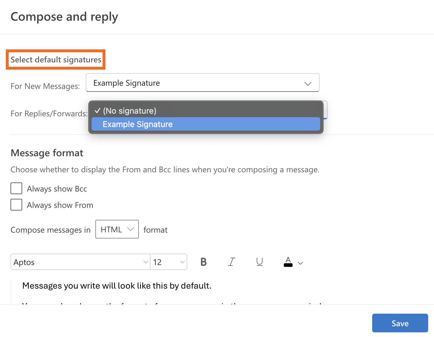 Screenshot of where to select a default signature in Outlook.com