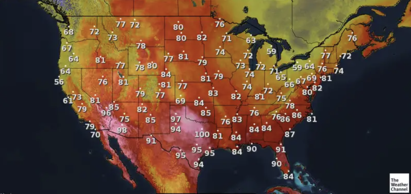 A heatmap showing temperature ranges across the United States