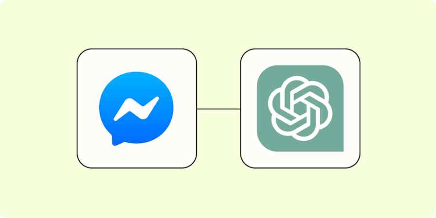 A hero image of the Facebook Messenger app logo connected to the ChatGPT app logo on a light yellow background.