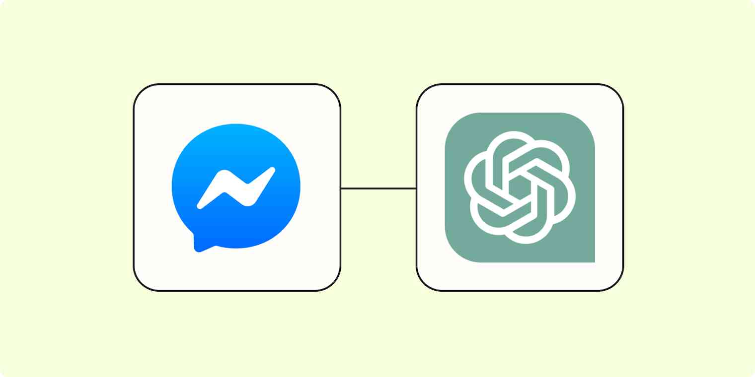 A hero image of the Facebook Messenger app logo connected to the ChatGPT app logo on a light yellow background.