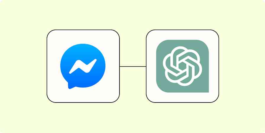 A hero image of the Facebook Messenger app logo connected to the ChatGPT app logo on a light yellow background.