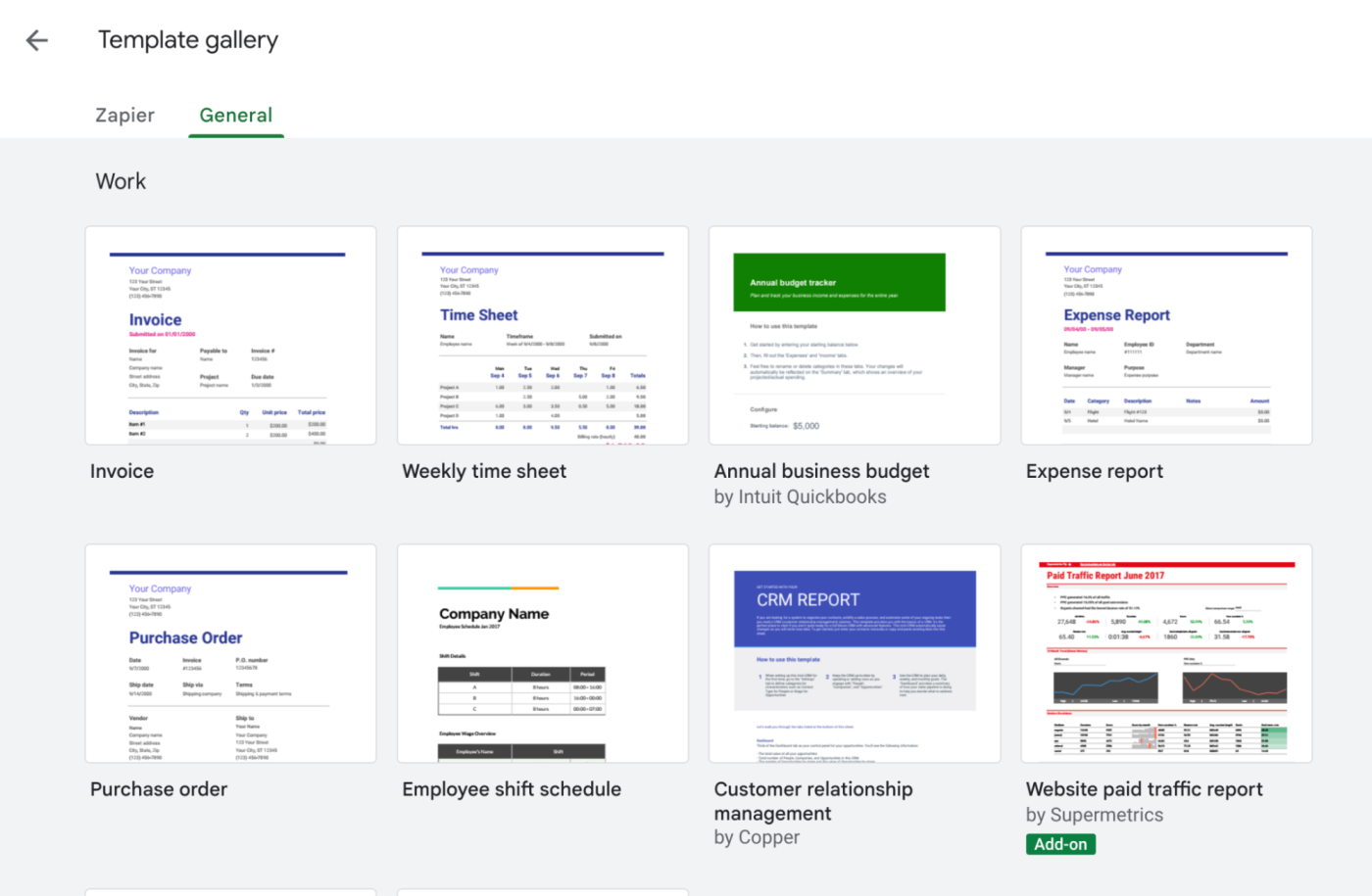 Google Sheets template gallery.