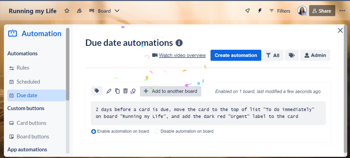 Juliet's due date automation in Trello