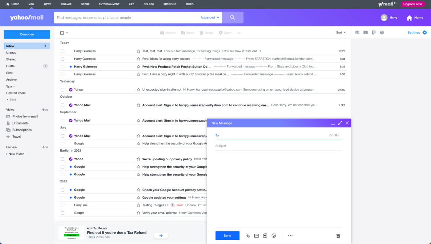Ads in Yahoo Mail in the sidebar while writing an email