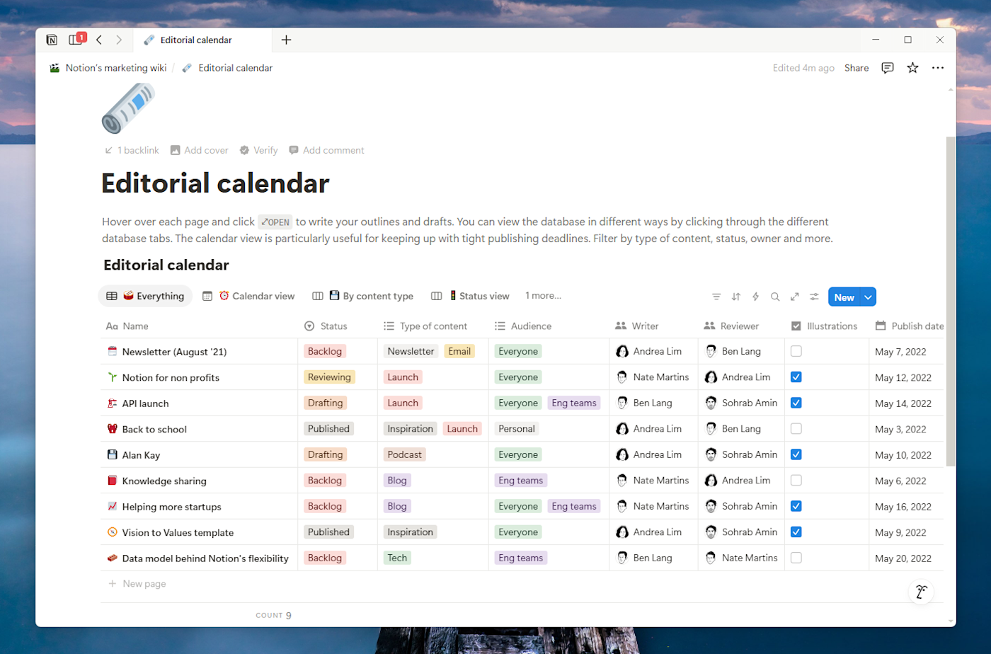 A detailed editorial calendar in Notion