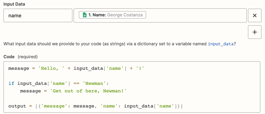 A field labeled code with code entered in the field.